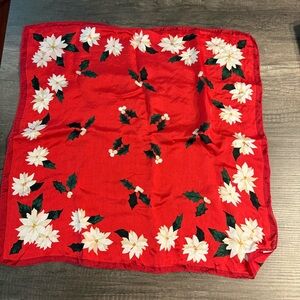 Christmas Scarf Red White Poinsettias & Holly Scarf 20"x20" Holiday Chiffon